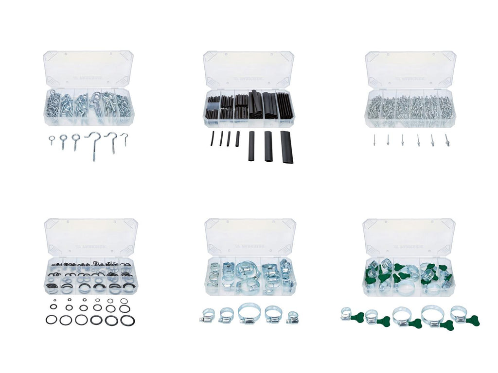 Assortiment de crochets et œillets / gaines thermorétractables / rivets pop / bagues d'étanchéité / colliers de serrage / colliers à oreilles