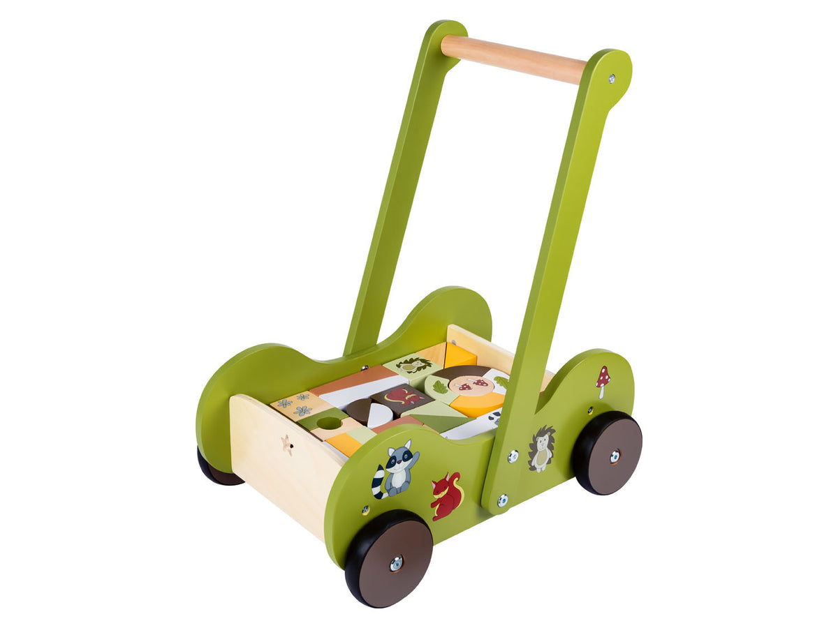 Poussette en bois, avec 30 blocs de construction en bois